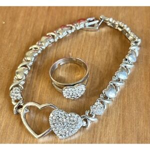 Silver Tone Rhinestone Pave Heart XOXO Bracelet and Adjustable Ring Jewelry Set